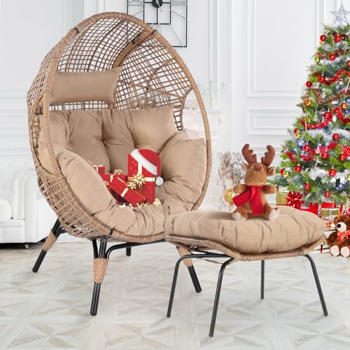 NICESOUL Stationary Egg Chair Indoor Outdoor Wicker Oversized Thick Cushions Egg Shaped Loveseat Chair