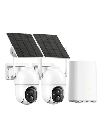 Security Cameras Wireless Outdoor, 2 Cam Kit, No Subscription, Solar Powered Home Security Cameras System, 360° Panoramic View, 2K Color Night Vision