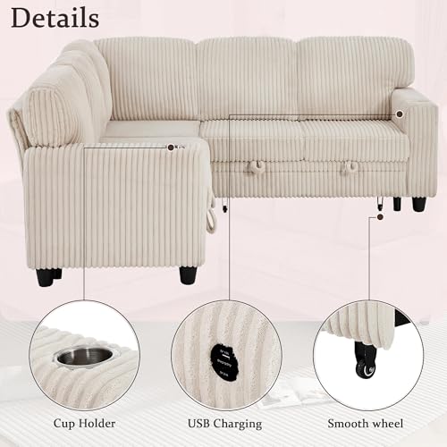 L-Shaped Pull Out Sleep Sofabed,Modern Reversible Sleeper Sectional Sofa Chenille Upholstered Button Tufted Decor with Storage Chaise