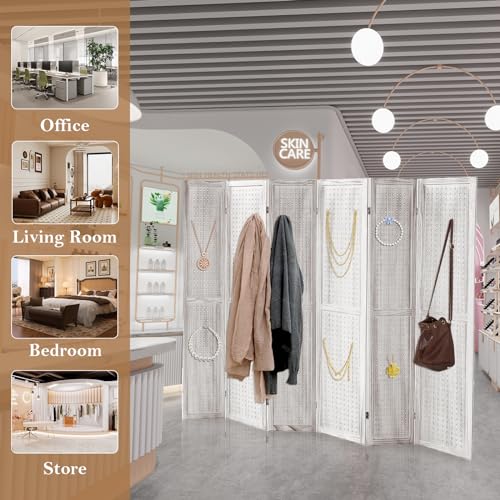 4 Panel Room Dividers and Folding Privacy Screens, 5.6Ft Wooden Pegboard Display, Privacy Dividers for Bedroom