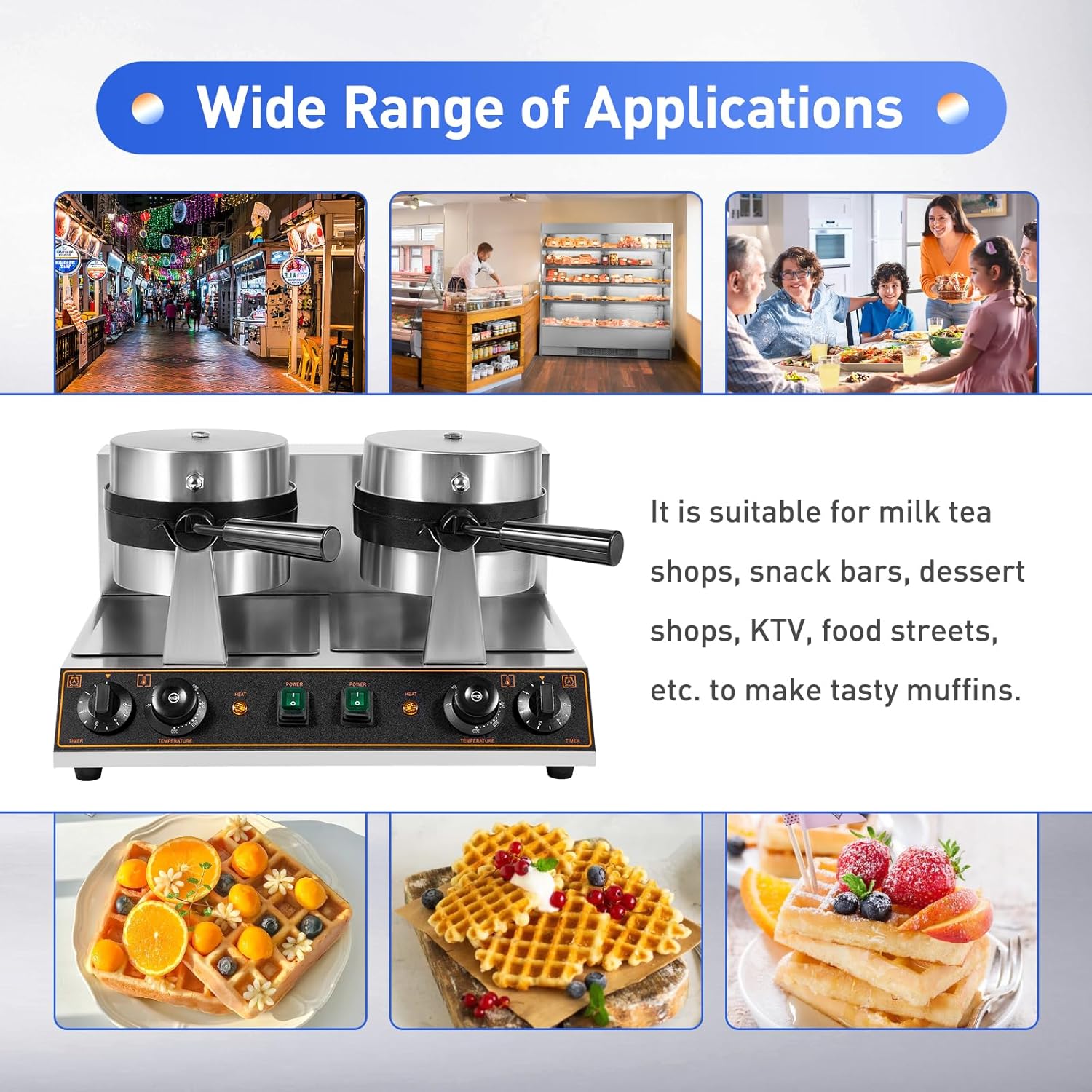 Belgian Waffle Maker 2600W Commercial Waffle Maker Double Waffle Maker 360° Rotating Large Stainless Steel Waffle Maker Non-stick Electric Chaffle