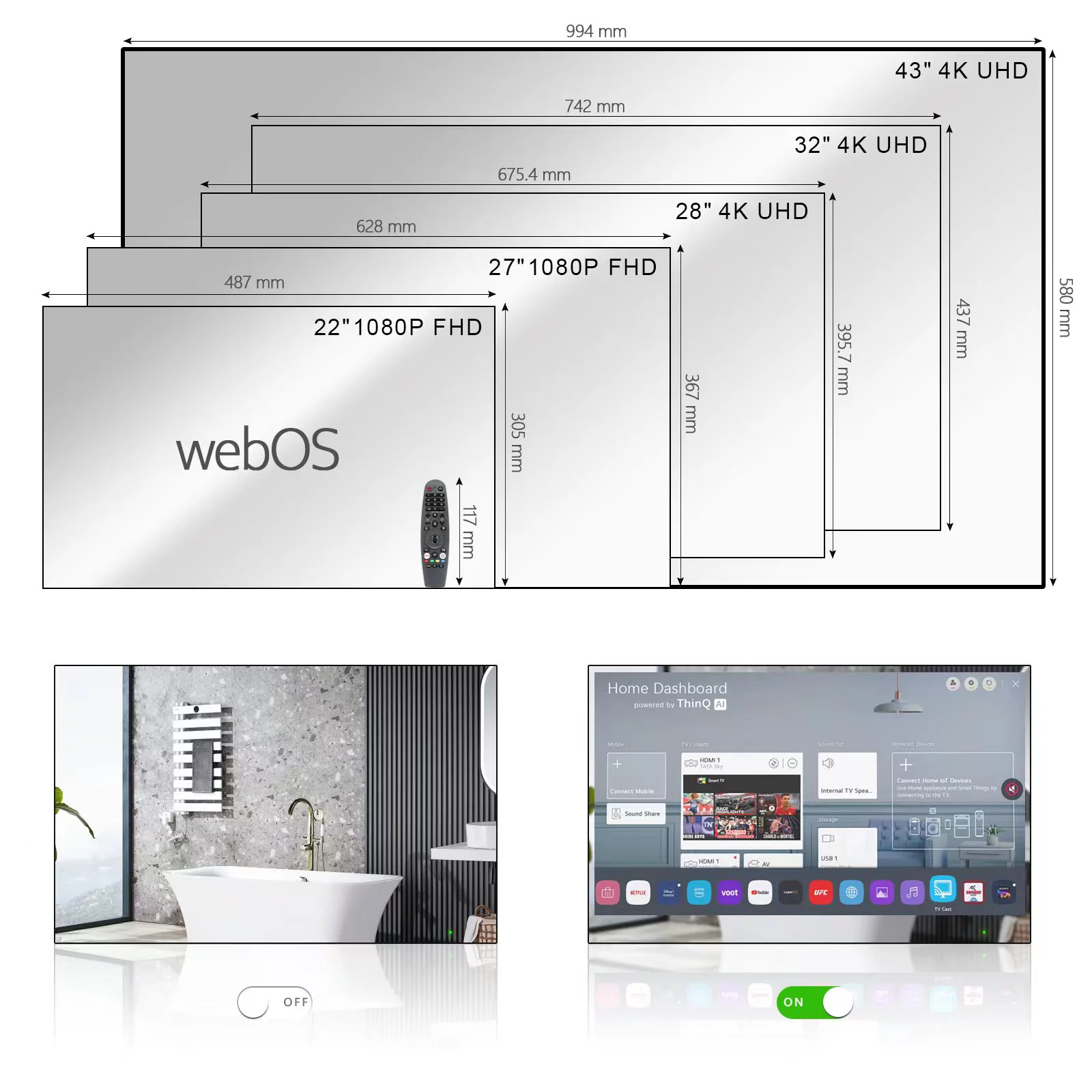 Elecsung 28 inches 4K LED TV webOS Smart Bathroom Waterproof Mirror IP65 SPA Hotel Television WiFi Voice Control ATSC - Radiant Selections