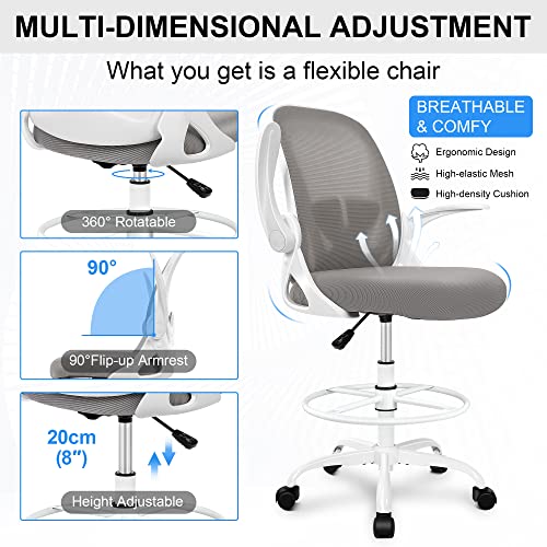 Primy Drafting Chair Tall Office Chair with Flip-up Armrests Executive Ergonomic Computer Standing Desk Chair with Lumbar Support and Adjustable