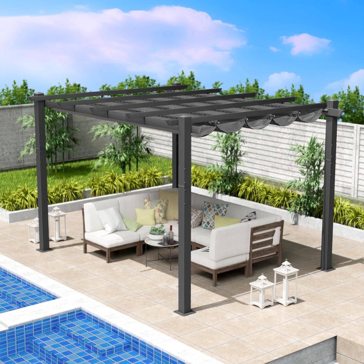 Kozyard Morgan Outdoor Retractable Pergola with Sun Shade Canopy Patio Aluminum Pergola Shelter for Backyard Deck Garden Modern Metal Grill