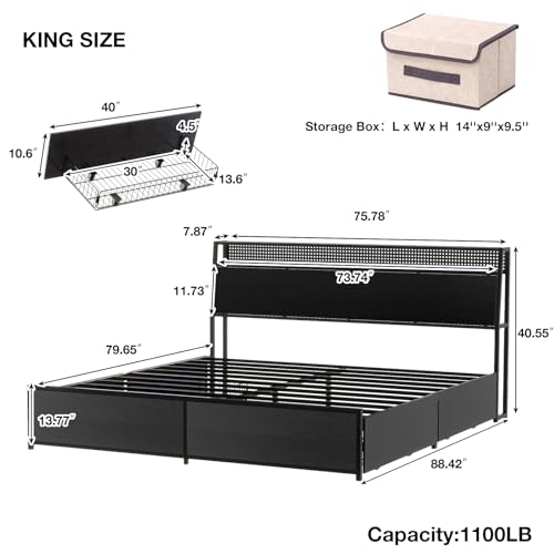 Queen Bed frame with LED Lights, Metal Platform Bed Frame with 4 Storage Drawers, Tall Bookcase Headboard and Charging Station, Sturdy