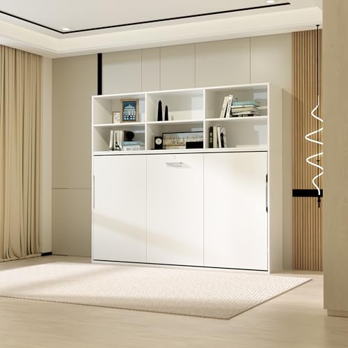 Full Size Murphy Bed Cabinet with Shelf and Drawers, Plywood Hidden Beds,Wall Bedframe for Bedroom,Space-Saving, Noise Free, White
