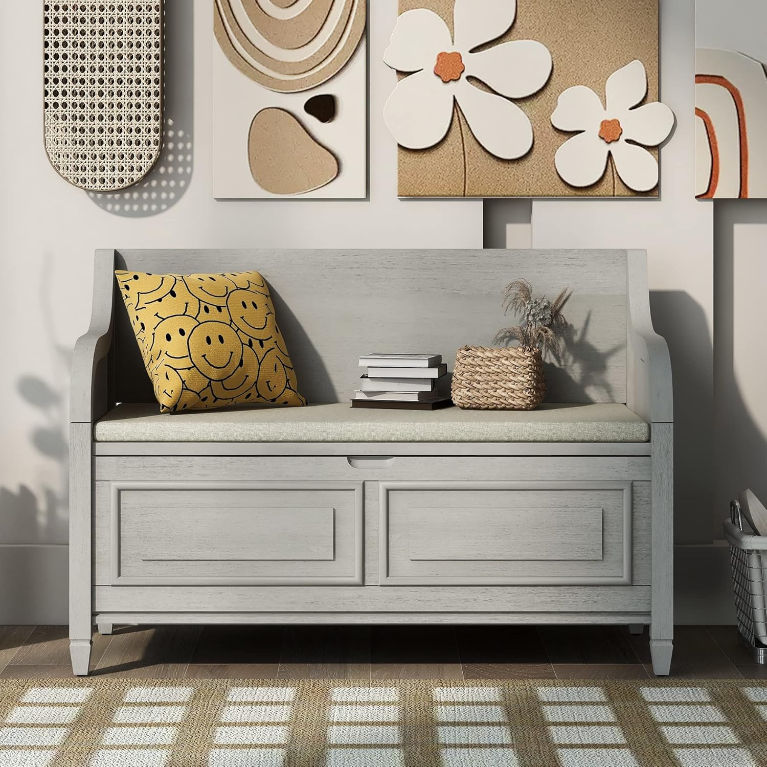 HOUAGI Rustic Storage Bench with Backrest and Hidden Storage,Entryway Multifunctional Bench with Safety Hinge for Foyer,Mudroom,Under Window