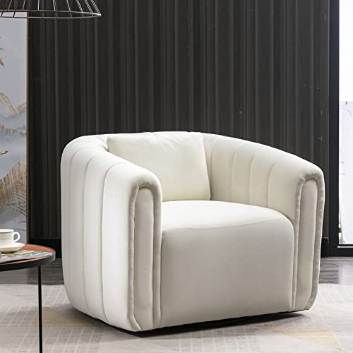 ANJ Swivel Barrel Chair with Plump Pillow, Modern Channel Velevt Accent Chair, Comfy Round Armchair