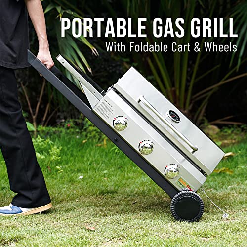 Portable Propane Gas Griddle 3-Burner with Foldable Cart & Side Table, Flat Top Gas Grill Griddle Stove with Lid