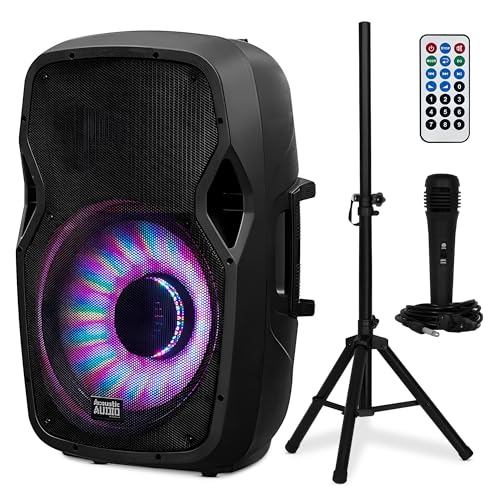 Acoustic Audio by Goldwood 1000W Bluetooth Speaker Set w/ 15" Woofer - Portable PA Sound System w/ Microphone, Adjustable Stand & Remote for Karaoke