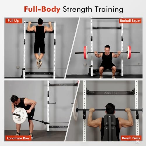 Mikolo 2" x 2" Folding Wall Mounted Squat Rack, 1000 Pounds Capacity Power Rack with Pull Up Bar, J Hooks and Other Attachments, Space-Saving Home Gym