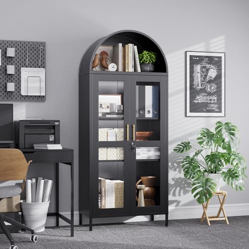 Tall Kitchen Pantry Cabinet, Metal Display Storage Cabinets with 4 Doors/2 Drawers for Kitchen Home Office Living Room, Assembly Required