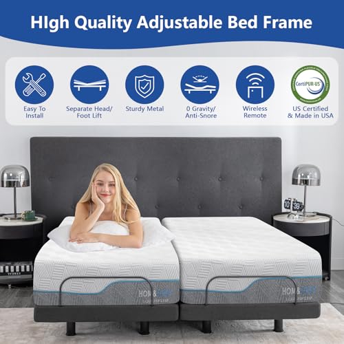 Split King Adjustable Bed Frame with Mattress, 12 Inch Grey Gel Memory Foam Medium-Firm Mattress in Box
