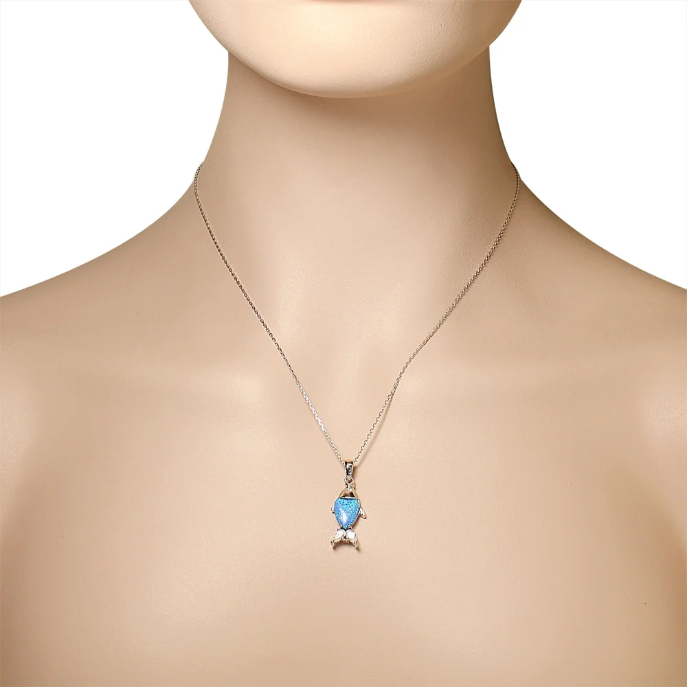 925 Sterling Silver CZ Blue Turquoise-Tone Fish Marine Simulated Opal Pendant Necklace