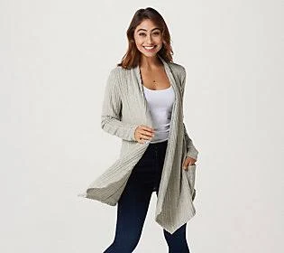 Denim u0026 Co. Regular Brushed Rib Long Sleeve Cardigan, Size X-Small, Natural