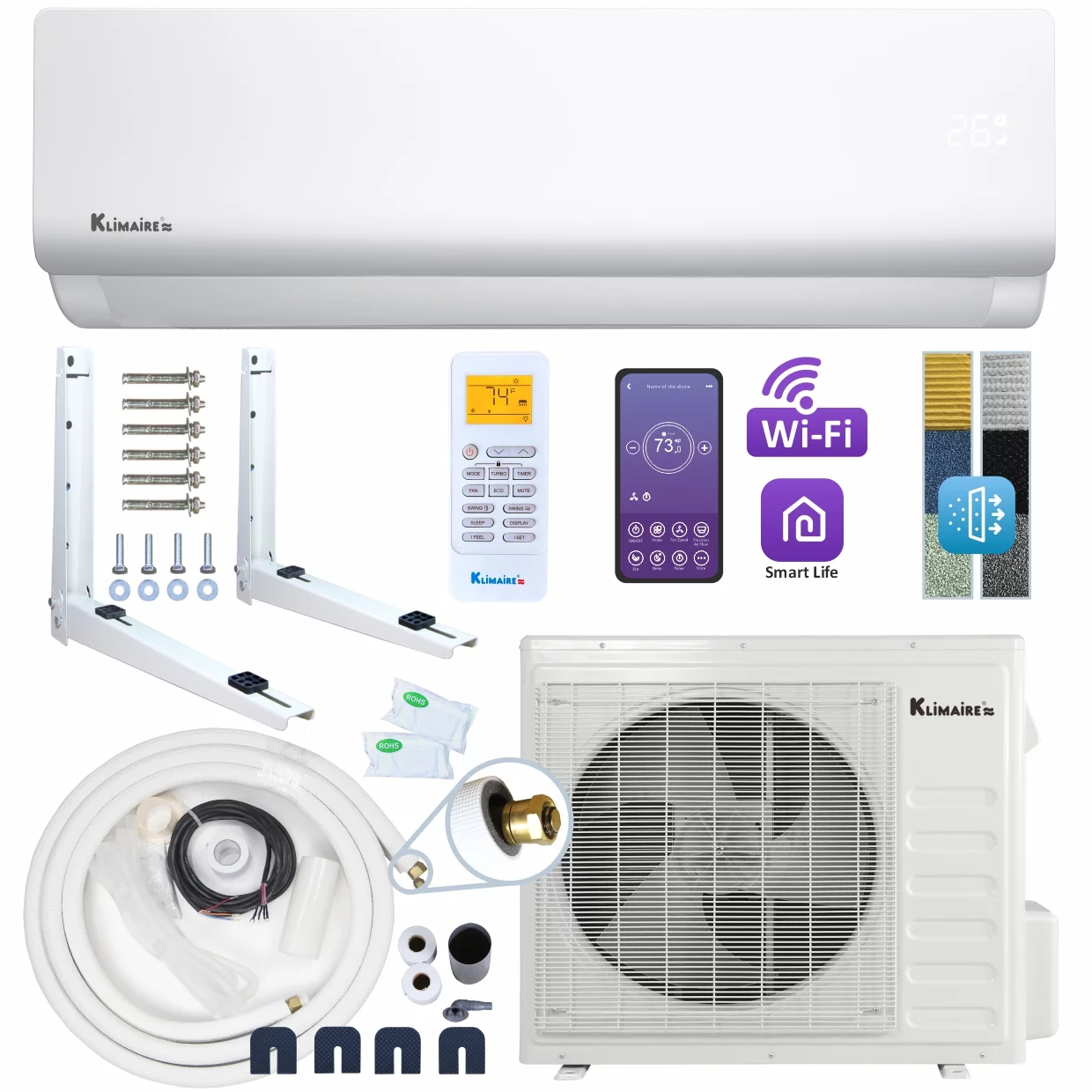 Klimaire DIY 12,000 BTU 19 SEER Mini Split Heat Pump Air Conditioner w/ 25-ft Pre-Charged Quick-Connect Installation Kit & Wi-Fi - 230V
