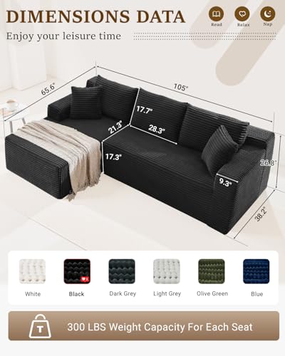 105 Inch Cloud Sectional Couch,Modern Modular Sectional Sofa with Deep Seat,Corduroy Boneless Couches with L-Shape Chaise for Living Room Bedroom