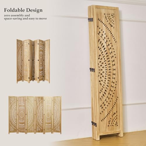 66.9Inch Folding Room Divider, 6 Panels Wood Carved Privacy Screens