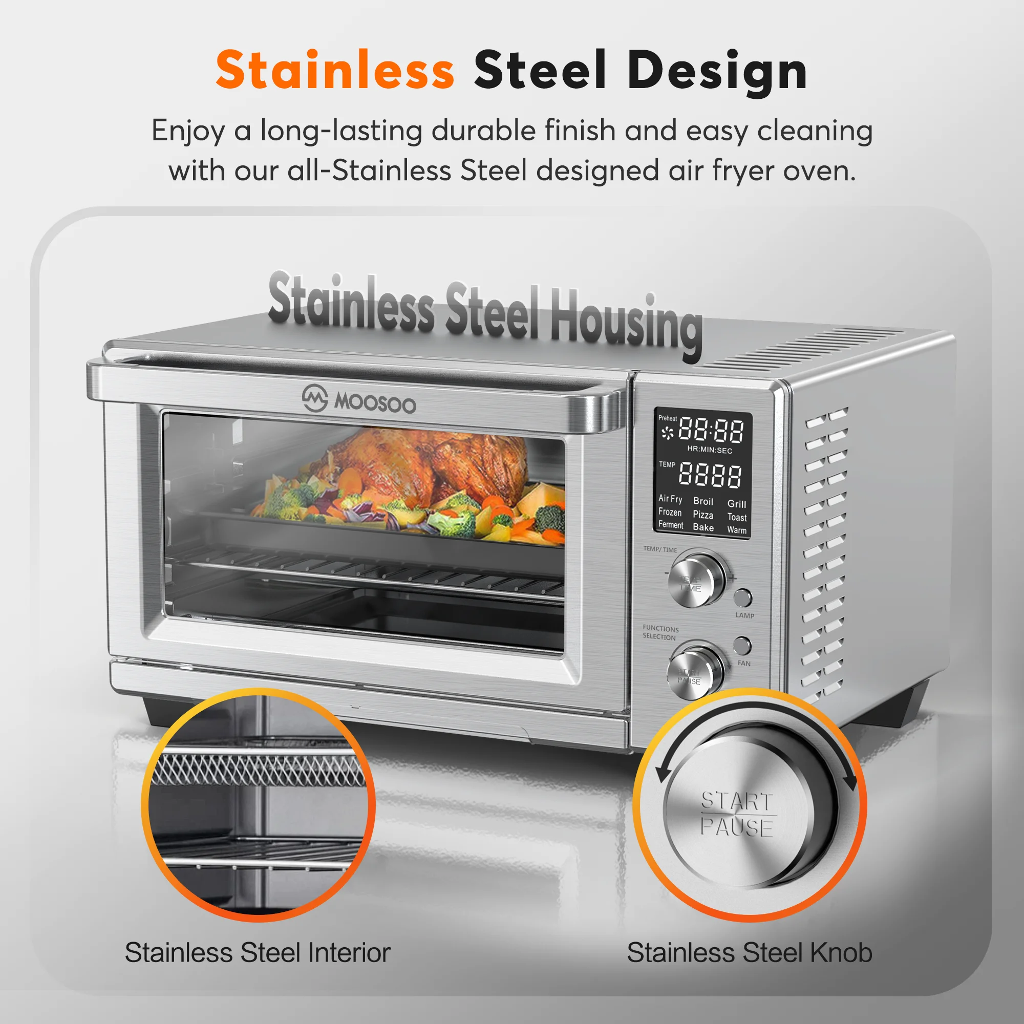 MOOSOO 30Qt Air Fryer Toaster Oven, Stainless Steel Air Fryer Oven, Knob Control, 9 Air Frying Preset Modes