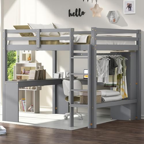 Full Size Loft Bed with L-Shaped Desk, Wardrobe and Storage Shelves, Solid Wood Bedframe w/Safety Guardrails & Ladder for Kids Teens Adults