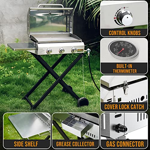 Portable Propane Gas Griddle 3-Burner with Foldable Cart & Side Table, Flat Top Gas Grill Griddle Stove with Lid