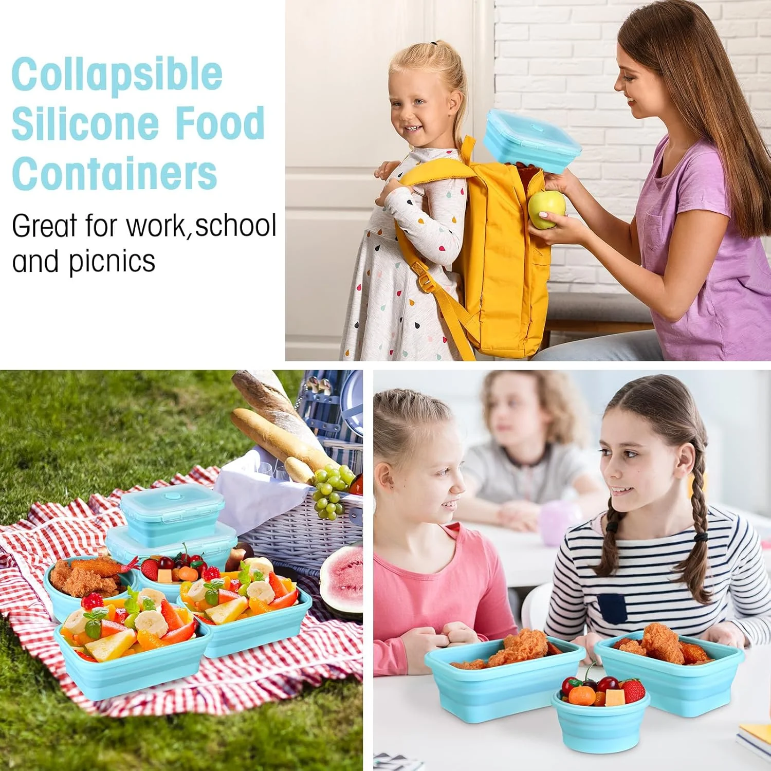 16 Pack Collapsible Food Storage Containers with Lid 8 P cs Rectangle Storage Bowl and 8 P cs Round Silicone Food Bow for Lunch Accessories Microwave