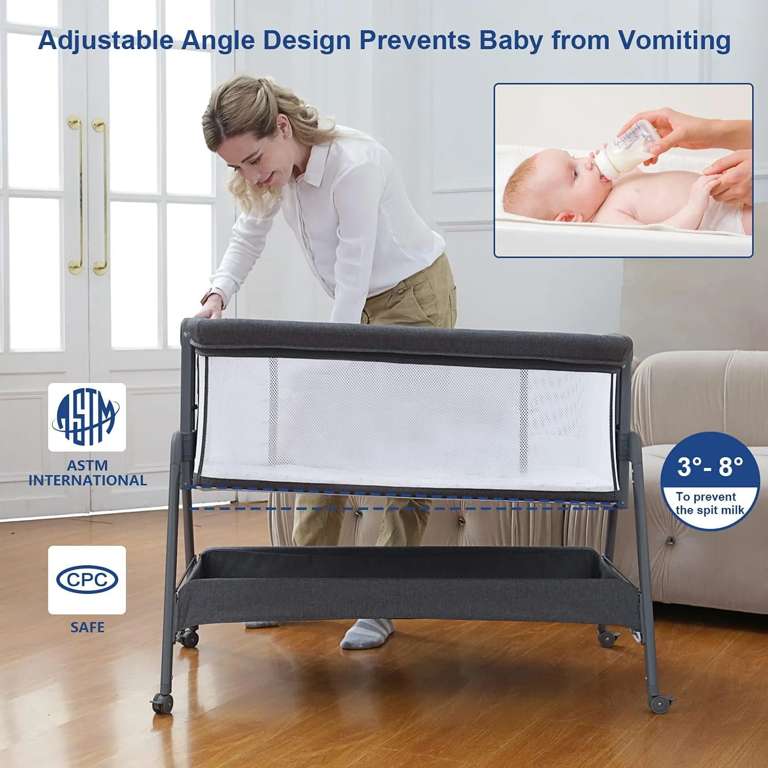 ANGELBLISS Flat Bedside Bassinet with Storage Basket, Easy Folding Portable Crib with Wheels, Included Breathable Mesh