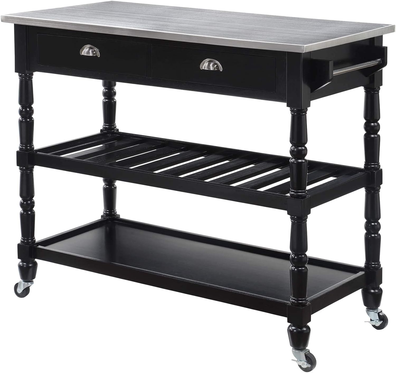 Convenience Concepts French Country 3-Tier Stainless Steel Kitchen Cart with Drawers, Black