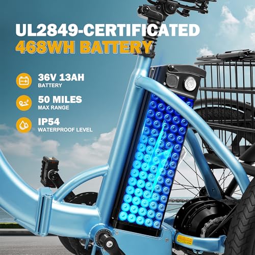 Triker Electric Bike, Peak 750W Brushless Motor Folding Trike Ebike, 468Wh Removable Battery, Step-Thru 3 Wheel Electric Bicycle, Up to 50 Miles