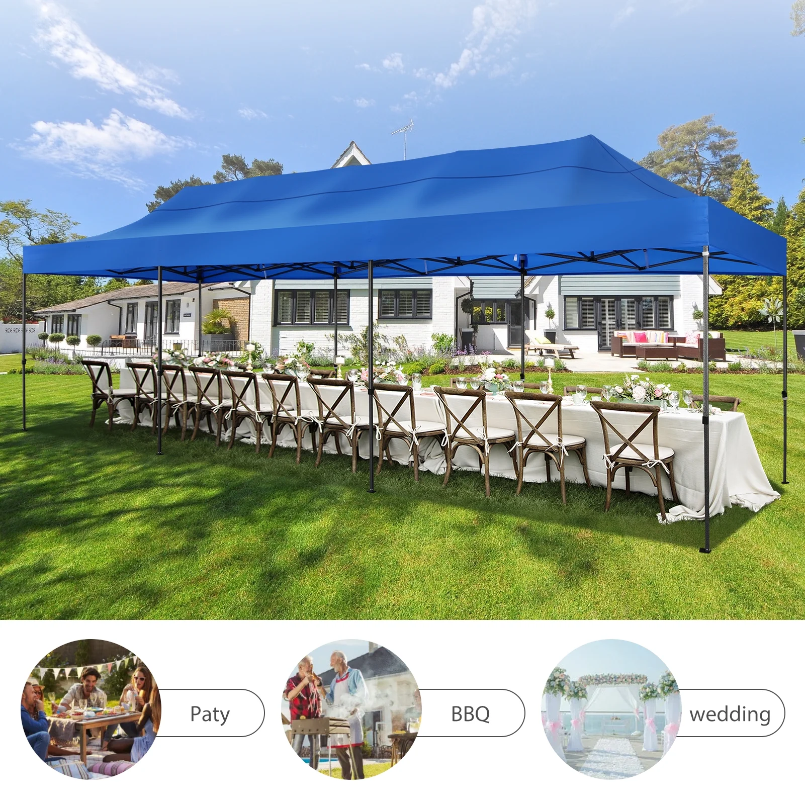 SANOPY 10x30 ft Pop up Outdoor Canopy Tent, Heavy Duty Canopy with 8 Wind Ropes, 3 Heigh Adjustable Gazebo Shelter with Wheeled Bag for Party