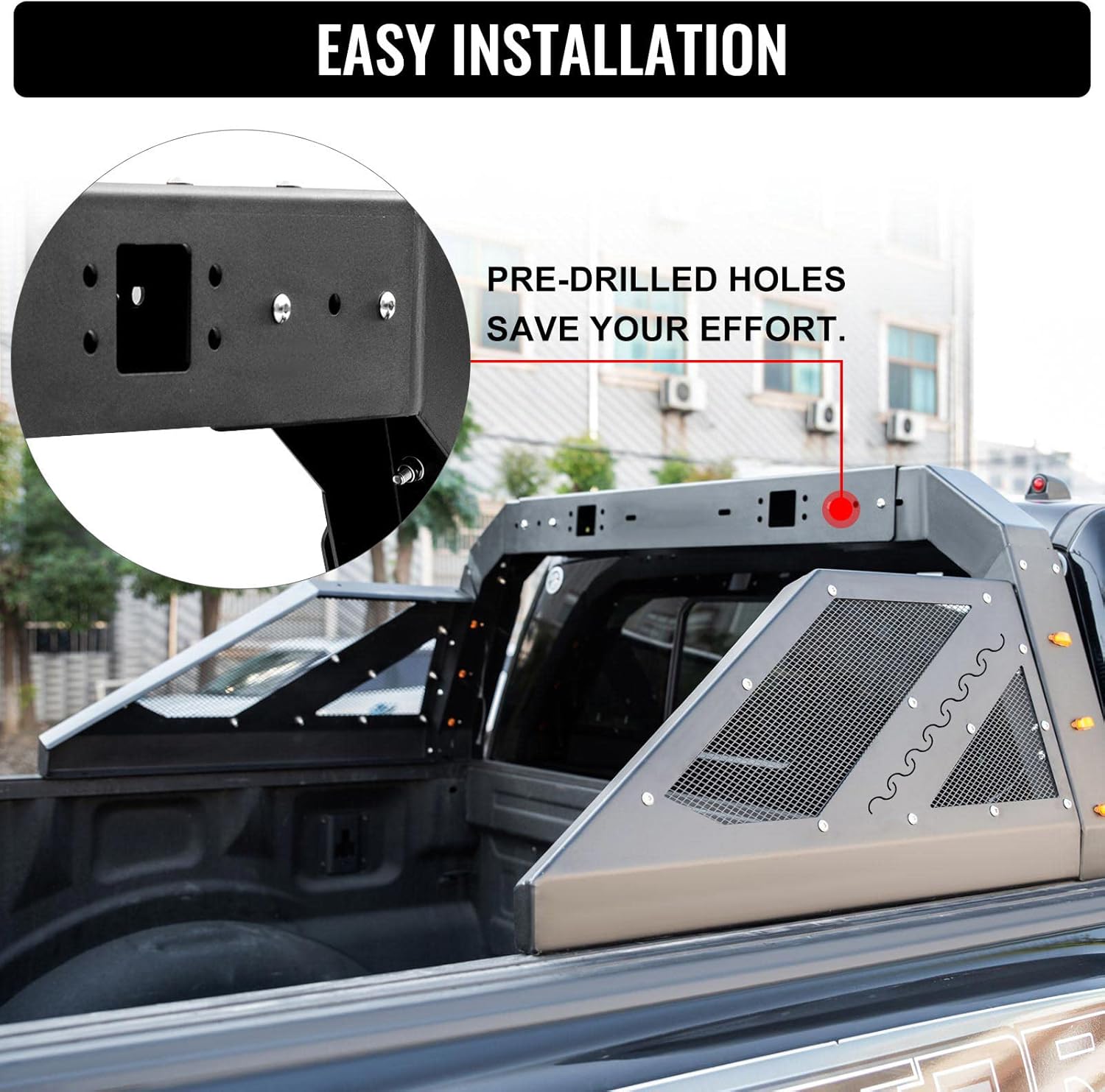 VEVOR Truck Roll Bar Chase Rack Adjustable with 6 Amber Auxiliary Side Marker Lamps, Universal Fit for Pickup Trucks