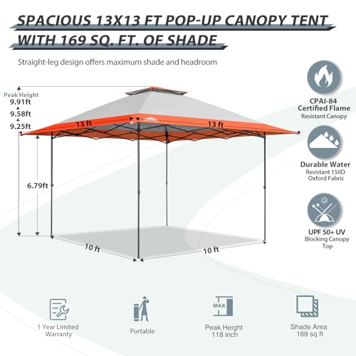 EAGLE PEAK 13x13 Straight Leg Pop Up Canopy Tent Instant Outdoor Canopy Easy Single Person Set up Folding Shelter w/Auto Extending Eaves 169 Square