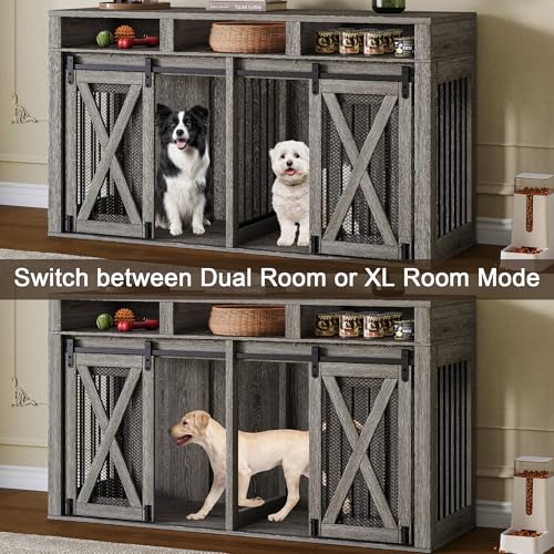 63" Large Dog Crate Furniture for 2 Dogs, Farmhouse Style Dog Cage TV Stand with Sliding Door