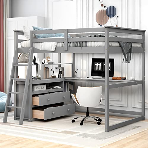 Harper & Bright Designs Twin Size Loft Bed with Wardrobe, Desk and Multiple Storage Shelves, Solid Wood Loft Bed Frame with Bookshelf