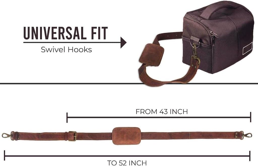 Leather Adjustable Padded Replacement Shoulder Strap with Metal Swivel Hooks for Messenger, Laptop, Camera, Duffle Bags & More