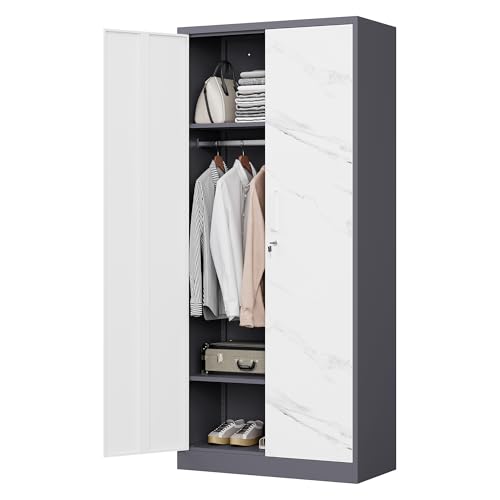 MIIIKO Steel Cabinet Wardrobe, Metal Locker Cabinet with Hanging Rod, Metal Clothing Locker Storage for Home, Office, Garage and Changing Room