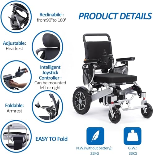 15 Miles Electric Wheelchair for Adults Intelligent Power Wheelchairs Lightweight Foldable All Terrain Motorized Wheelchair for Seniors Compact