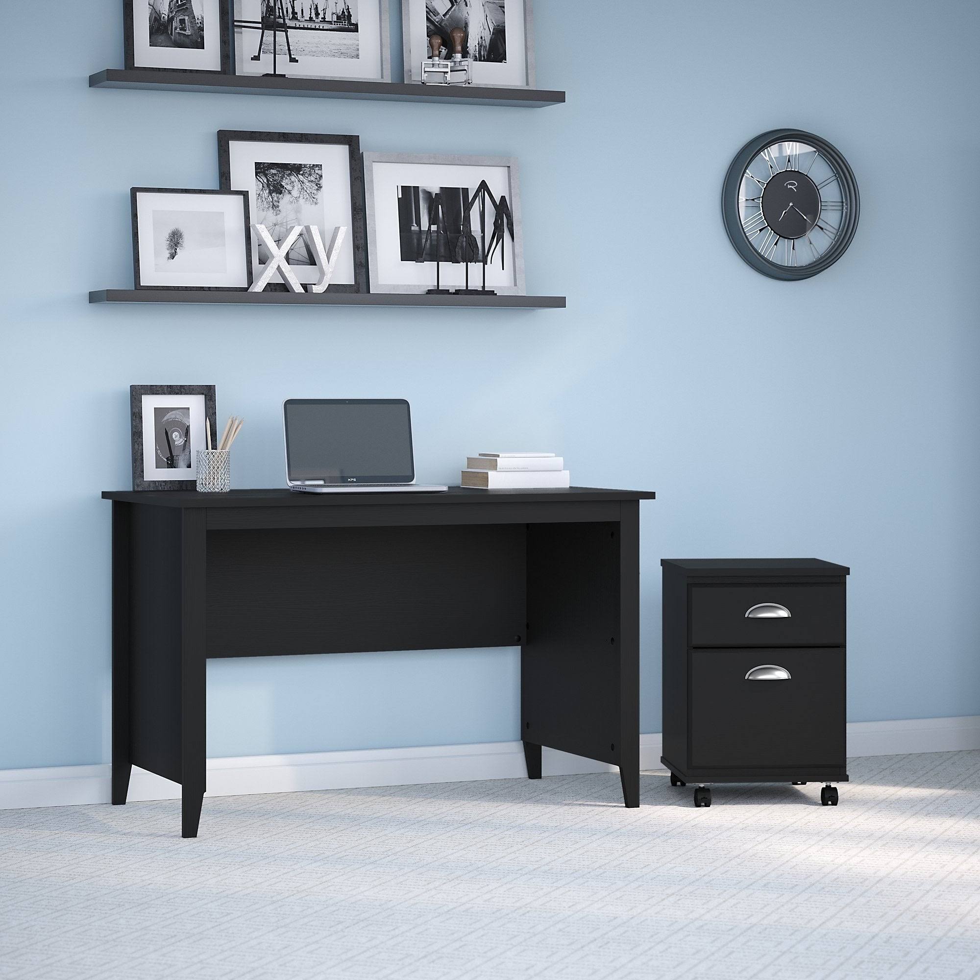 Kathy Ireland Home by Bush Furniture Connecticut 48W Writing Desk with 2 Drawer Mobile File Cabinet in Black Suede Oak