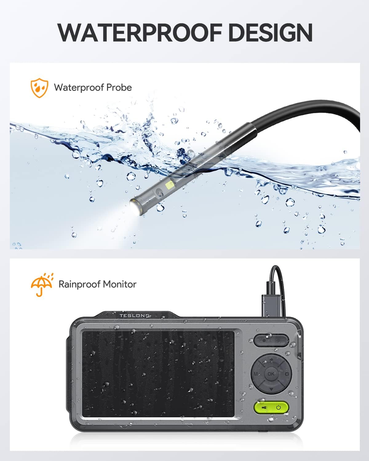 Dual Lens Endoscope Borescope, Teslong 5'' HD Snake Inspection Camera with LED Lights, Home Waterproof Scope Camera