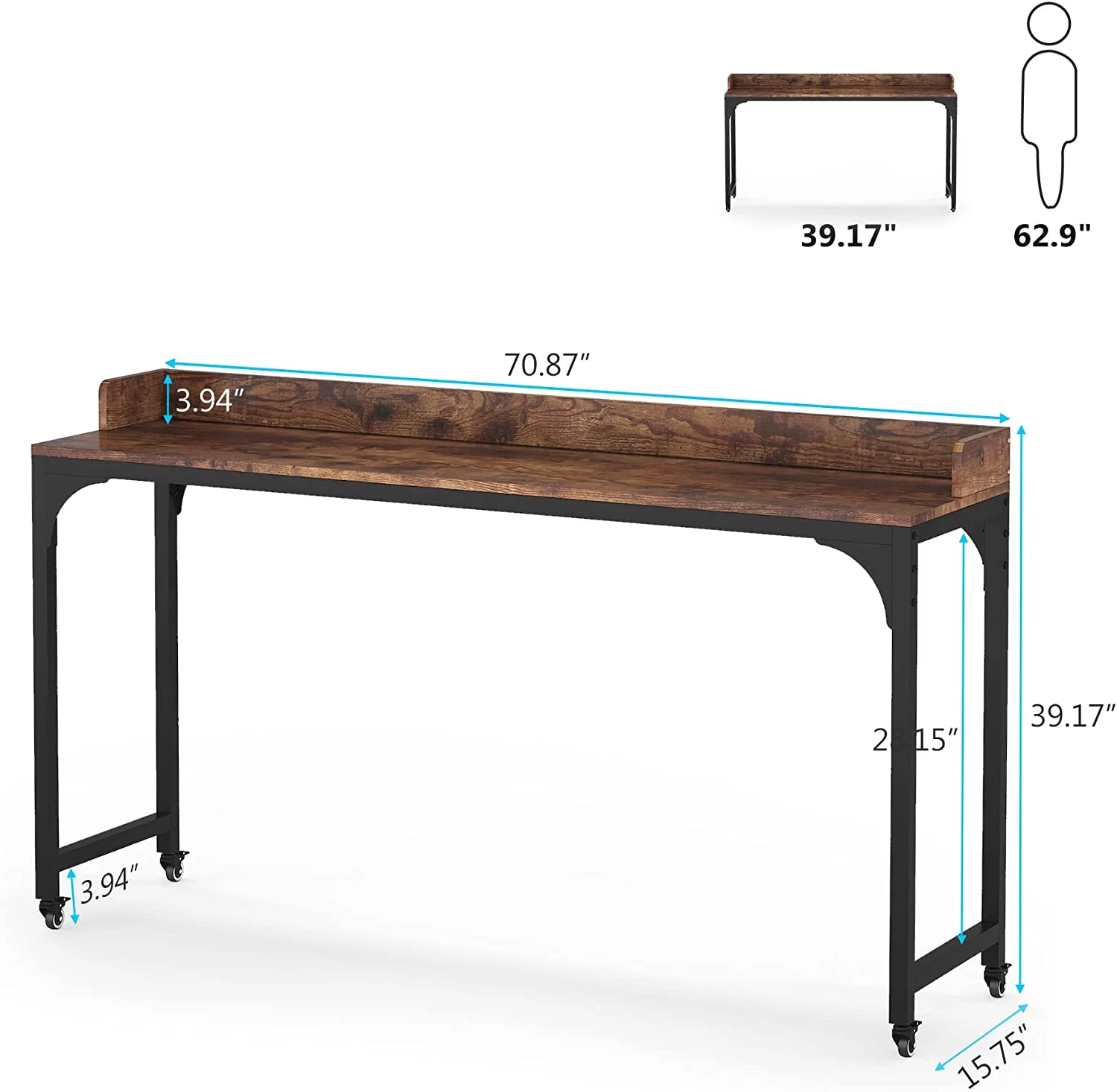 Tribesigns Brown Overbed Table with Wheels 70.8"L Queen Size Mobile Desk with Metal Legs, Unadjustable