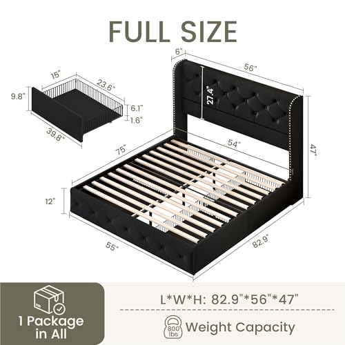 King Size Bed Frame with 4 Storage Drawers and Tufted Headboard Linen Upholstered Platform Bed Frame Wingback Beds with Wooden Slats Support