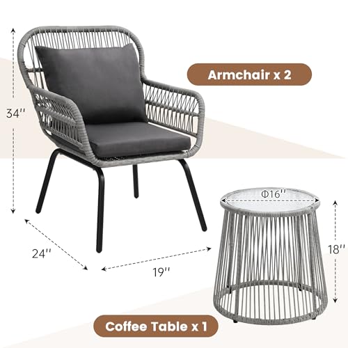 3 Piece Rattan Wicker Bistro Set, Outdoor Conversation Furniture Set with Glass Top Table, Space Saving for Balcony, Backyard, Natural