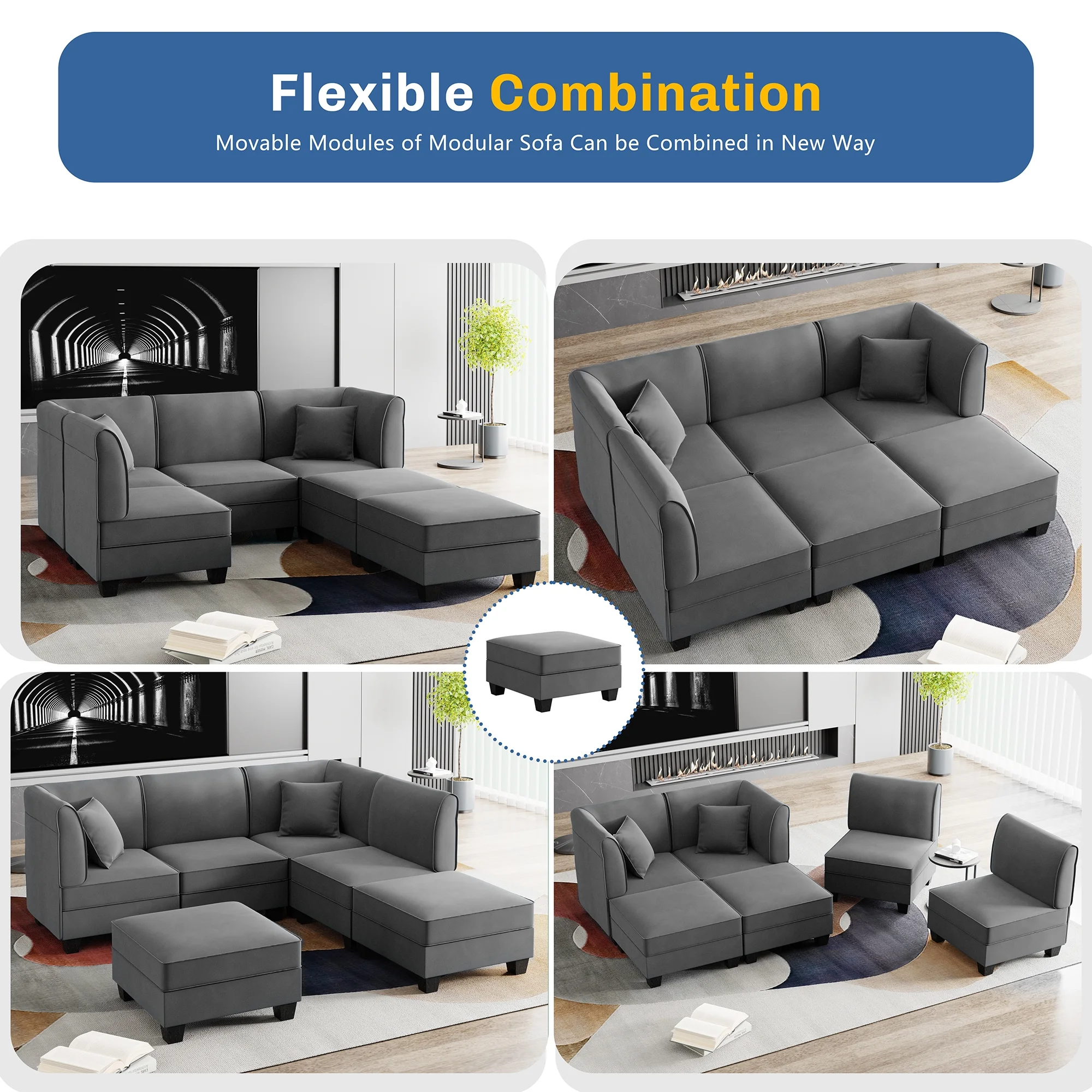 Walsunny Modular Sectional Sofa with Reversible Chaise, U-Shape Convertible Sectional Walsunny Couch with 6 Seats