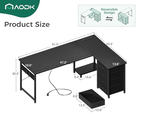 AODK L Shaped Gaming Desk with 4 Drawers, 61" Reversible Home Office Desks with Power Outlets