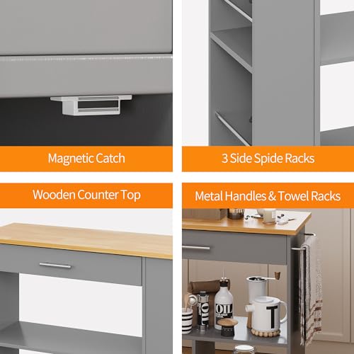 Shintenchi Rolling Kitchen Island Cart with Folding Drop Leaf Breakfast Bar, Portable Trolley Island with Large Storage Cabinet, Shelf and Drawer