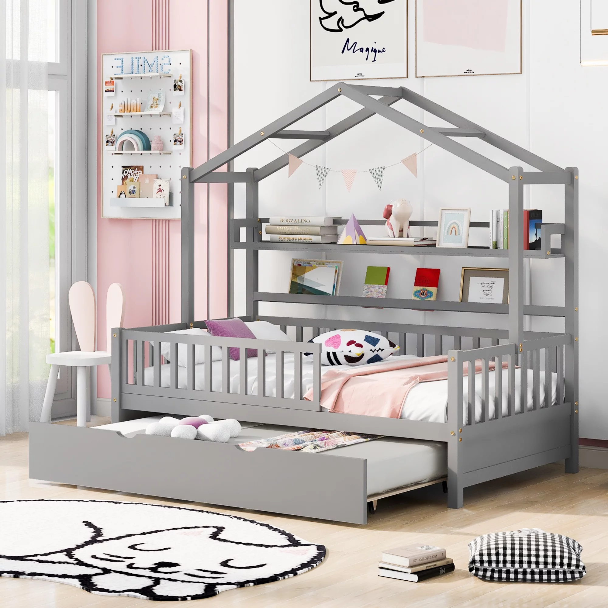 Euroco Wood Twin Size House Bed with Bookcase and Trundle for Kids, Gray
