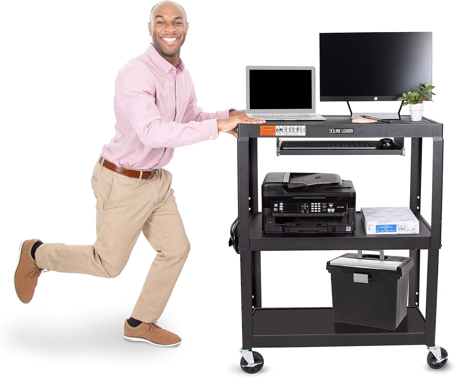 Line Leader Large AV Cart with Retractable Keyboard Tray | Height Adjustable Utility Cart | Includes Pullout Keyboard Tray & Cord Management | Easy