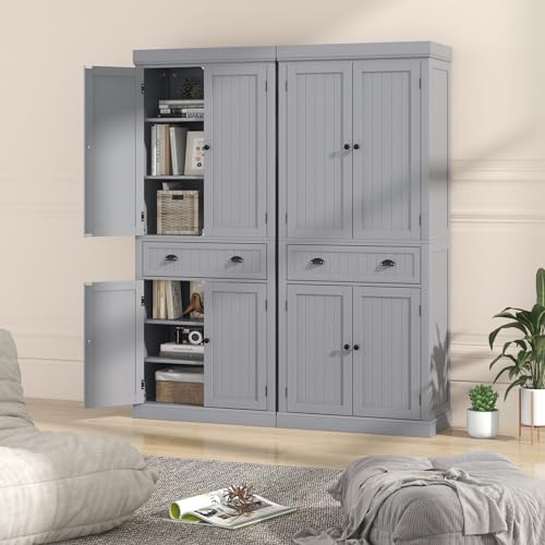 Tangkula 72" H Kitchen Pantry Cupboard Cabinet, Traditional Freestanding Large Tall Storage Cabinet with 2 Cabinets and Drawer, Adjustable Shelves