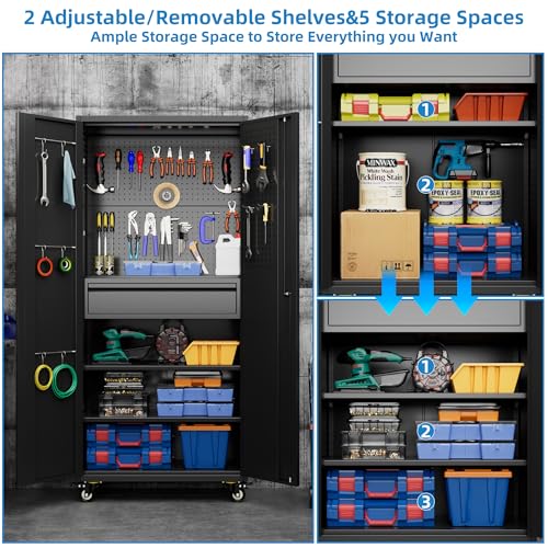 Garage Storage Cabinet with Wheels & Pegboard, 72" H Locking Metal Storage Cabinet with Doors and 4 Adjustable Shelves for Garage Workshop Home