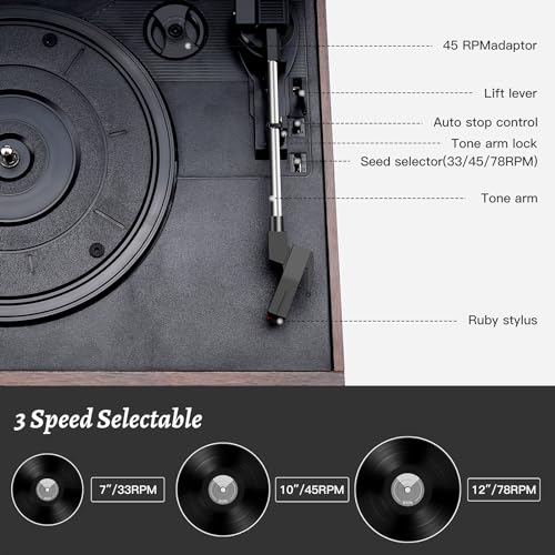 10 in 1 Record Player with External Speakers, 3 SpeedTurntable with AM/FM Radio, CD & Cassette Player, Bluetooth, USB/SD Playback, Remote Control